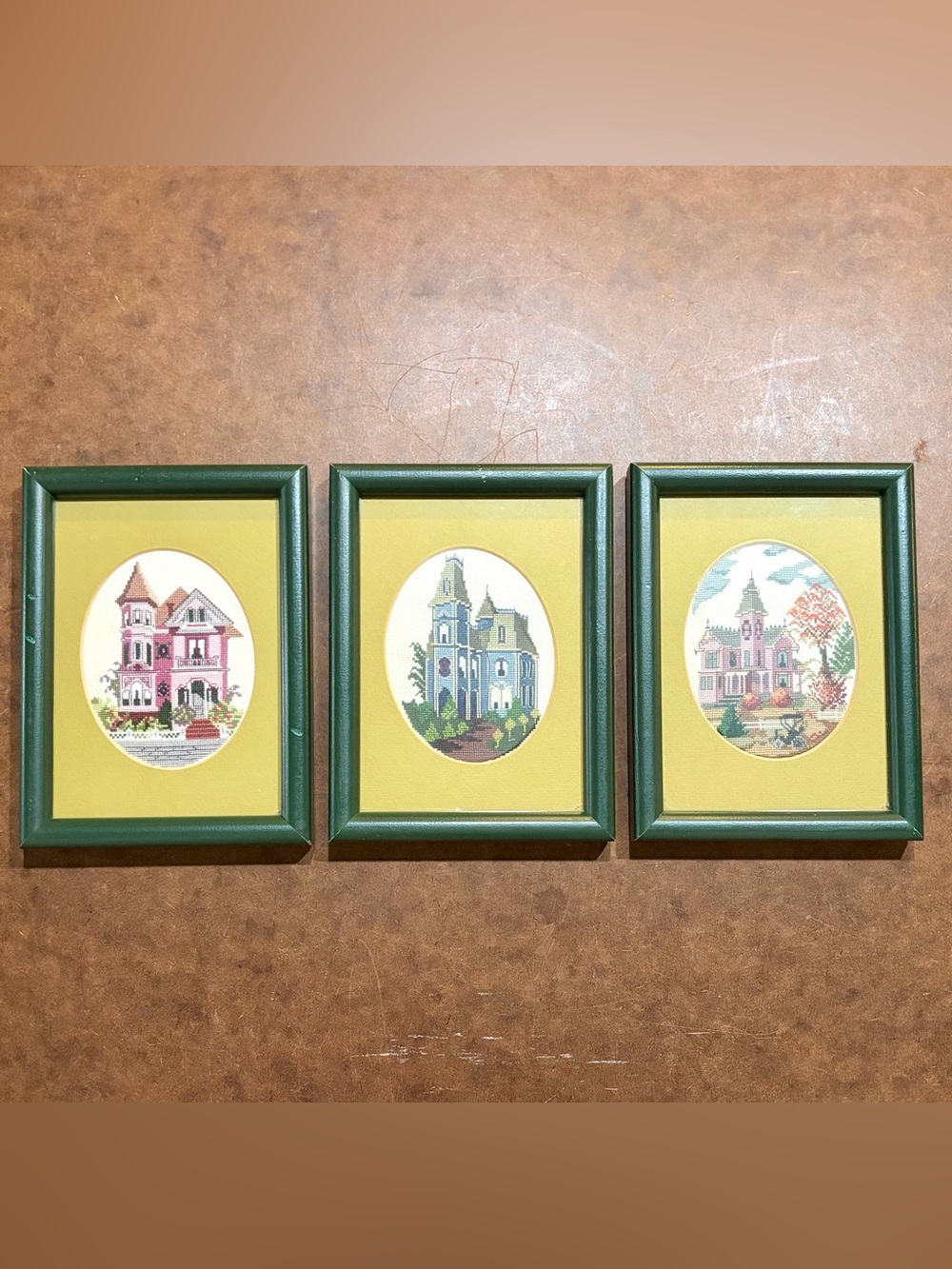 Vintage- Set of 3-🧵🪡 Victorian House Cross-Stitch- Framed w/glass